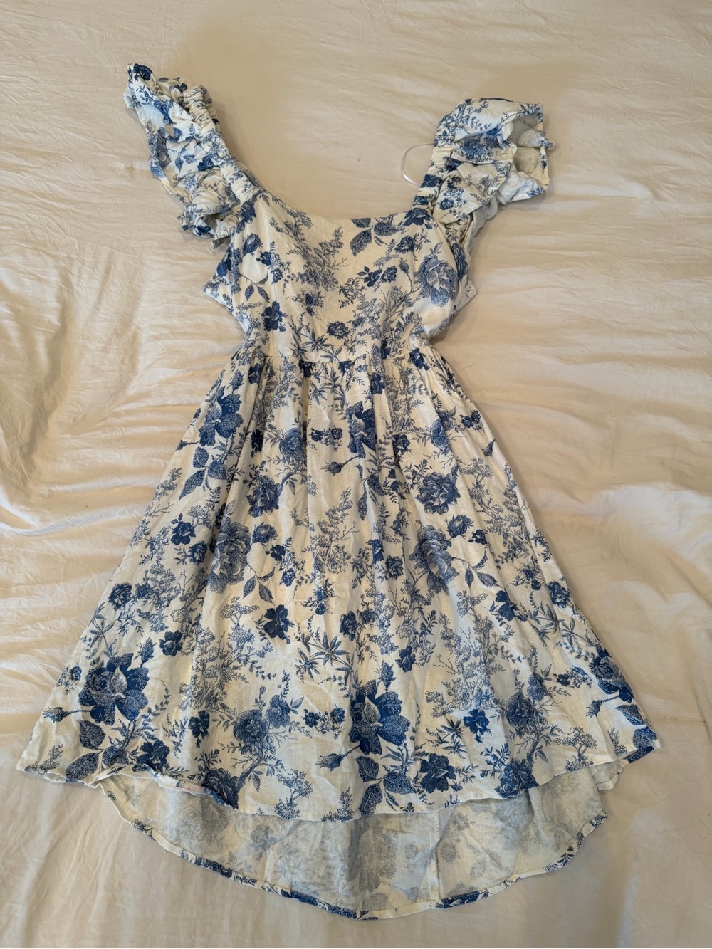 miami White Dress with Blue Floral Ruffles